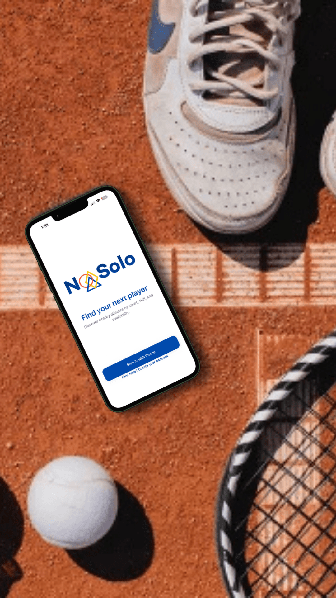 NoSolo app on a phone beside a tennis racket, ball, and shoe on a clay court